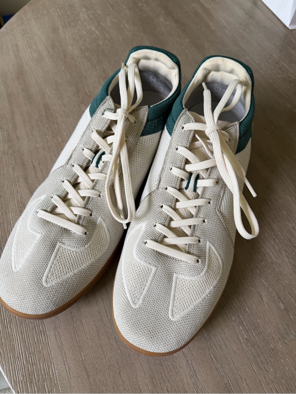 Rothy's Men's Cream Knit Sneakers with Dark Green Accents